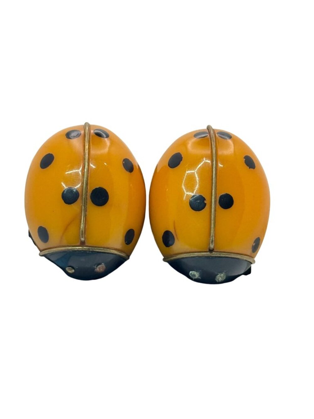 Bakelite Ladybug Shoe Clips Brooches RARE 1.5" Vtg Yellow Polka Dotted Orange